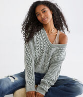 Slouchy Cable-Knit Cropped V-Neck Sweater