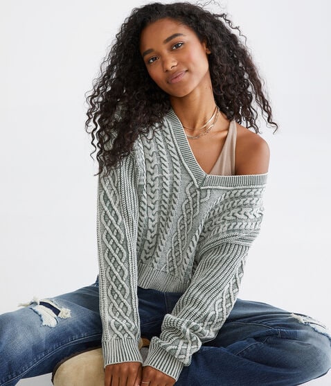 Slouchy Cable-Knit Cropped V-Neck Sweater