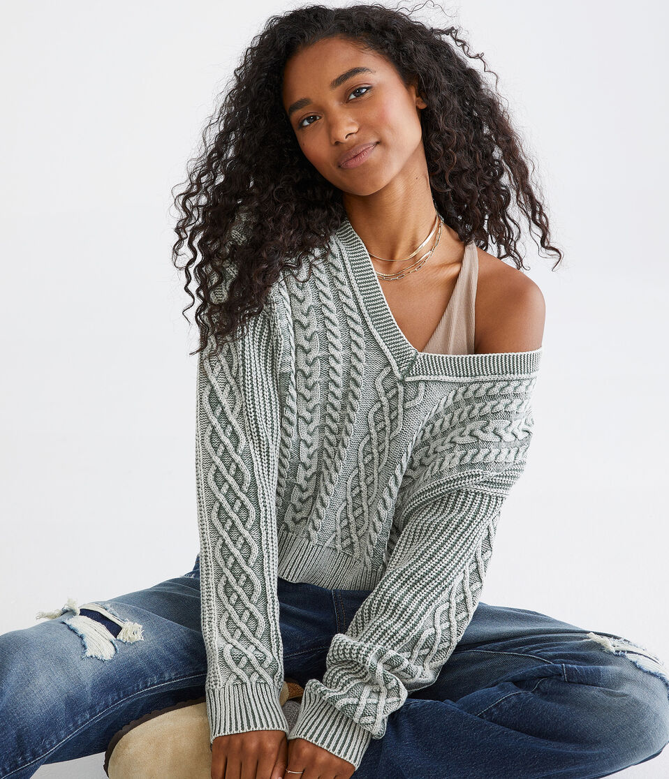 Slouchy Cable-Knit Cropped V-Neck Sweater