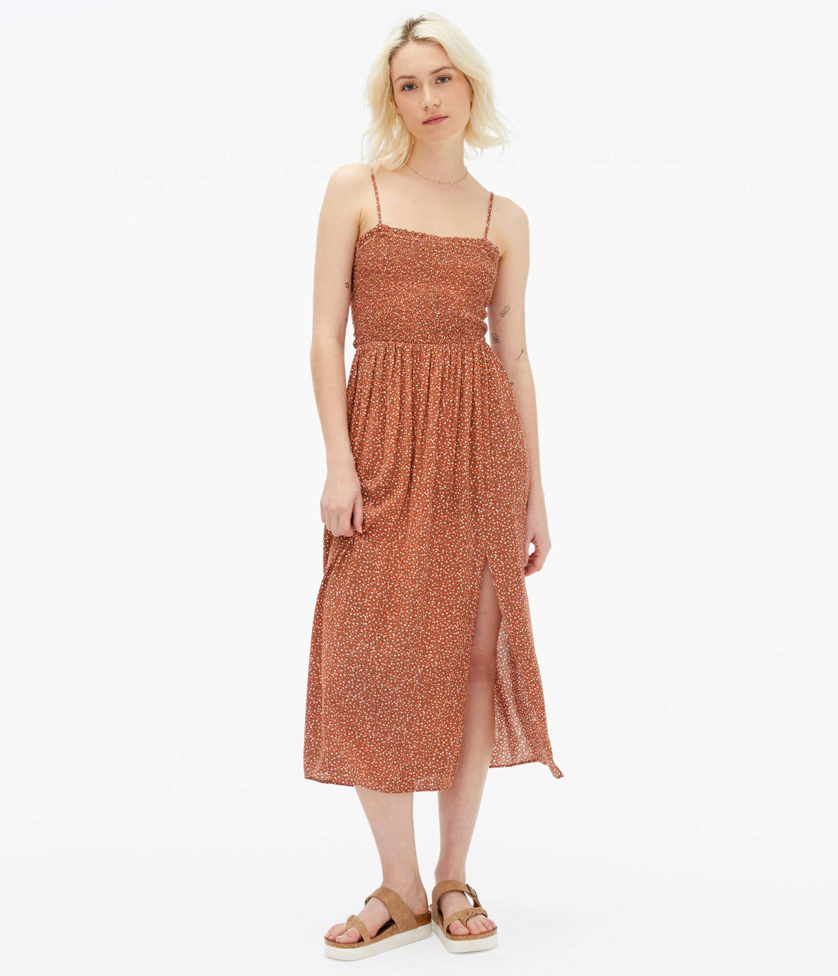 Floral Square-Neck Smocked Midi Dress