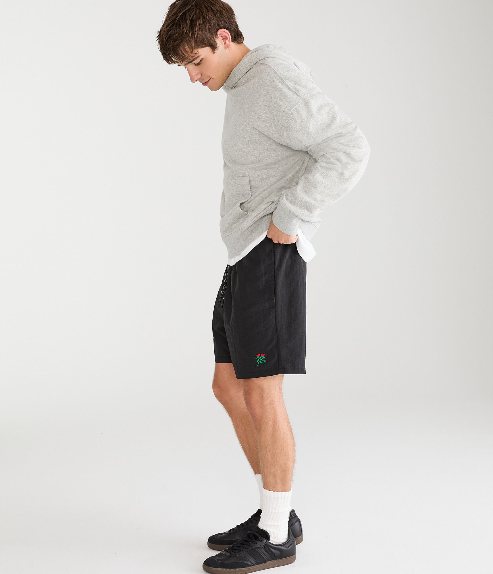 Embroidered Rose Nylon Shorts 6"