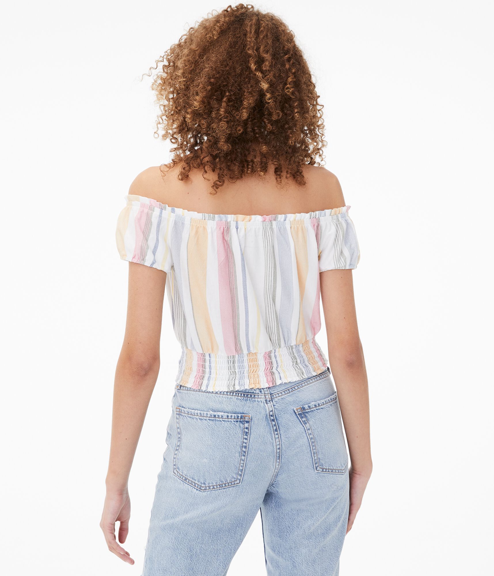 Striped Buttoned Off-The-Shoulder Crop Top