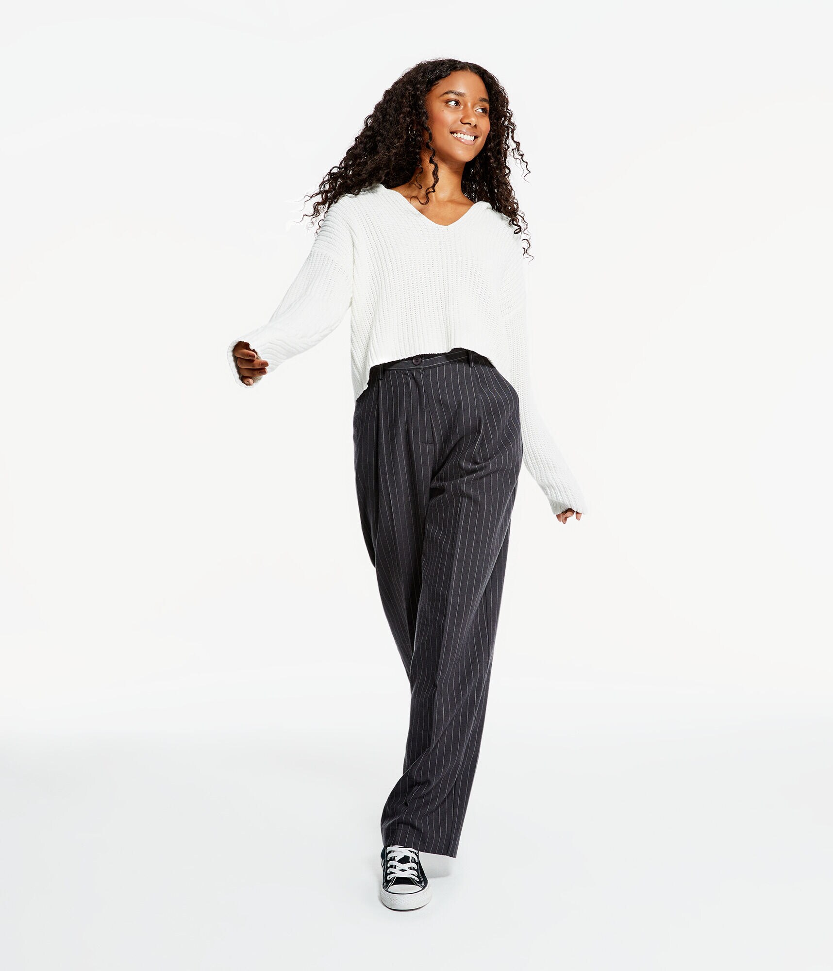 Solid Hooded Cropped V-Neck Sweater