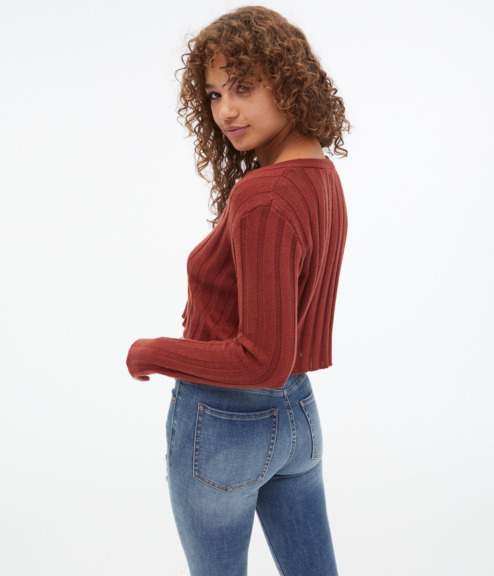 Ribbed Button-Front Cropped V-Neck Cardigan
