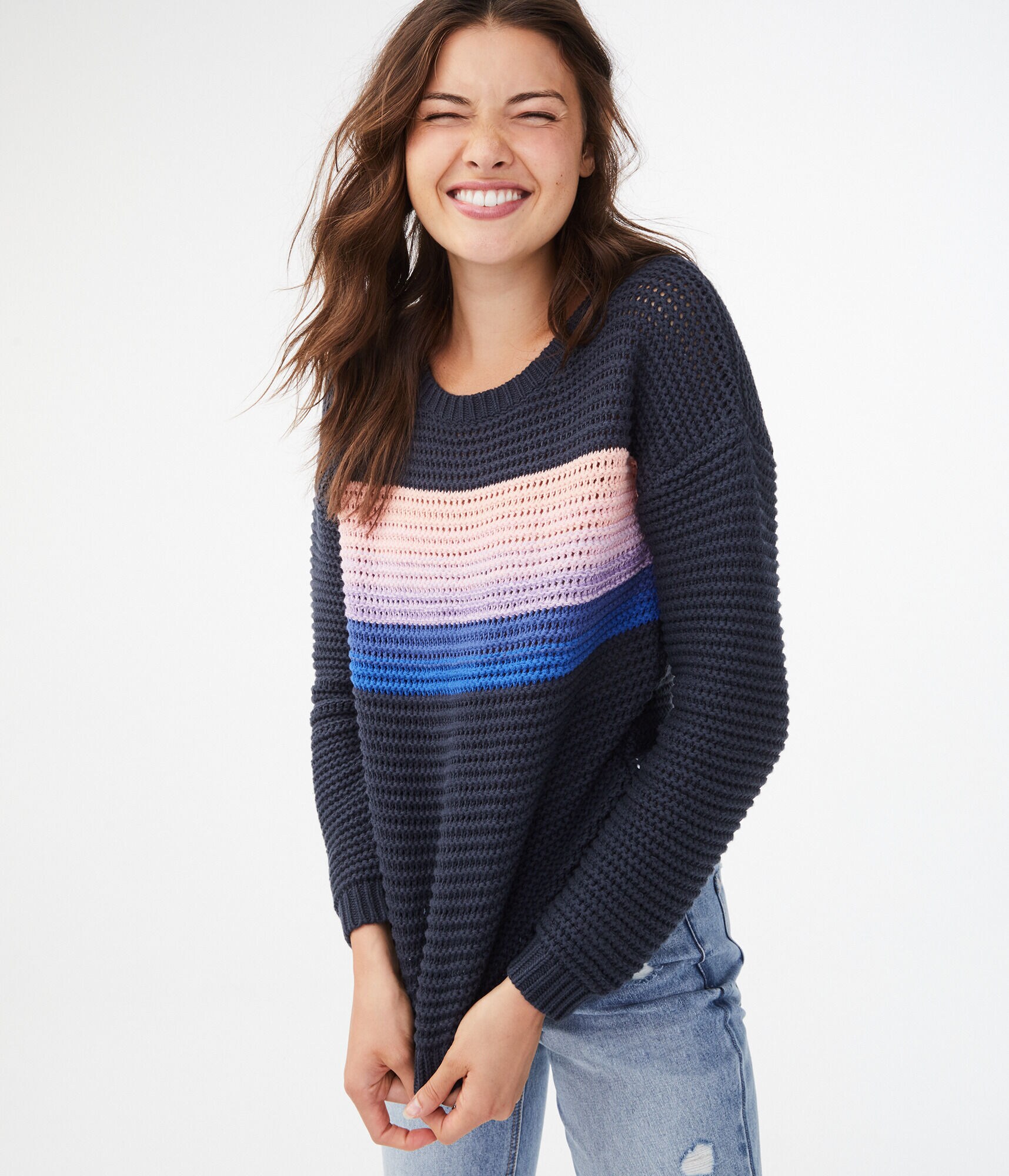 Striped Open-Knit Crew Sweater
