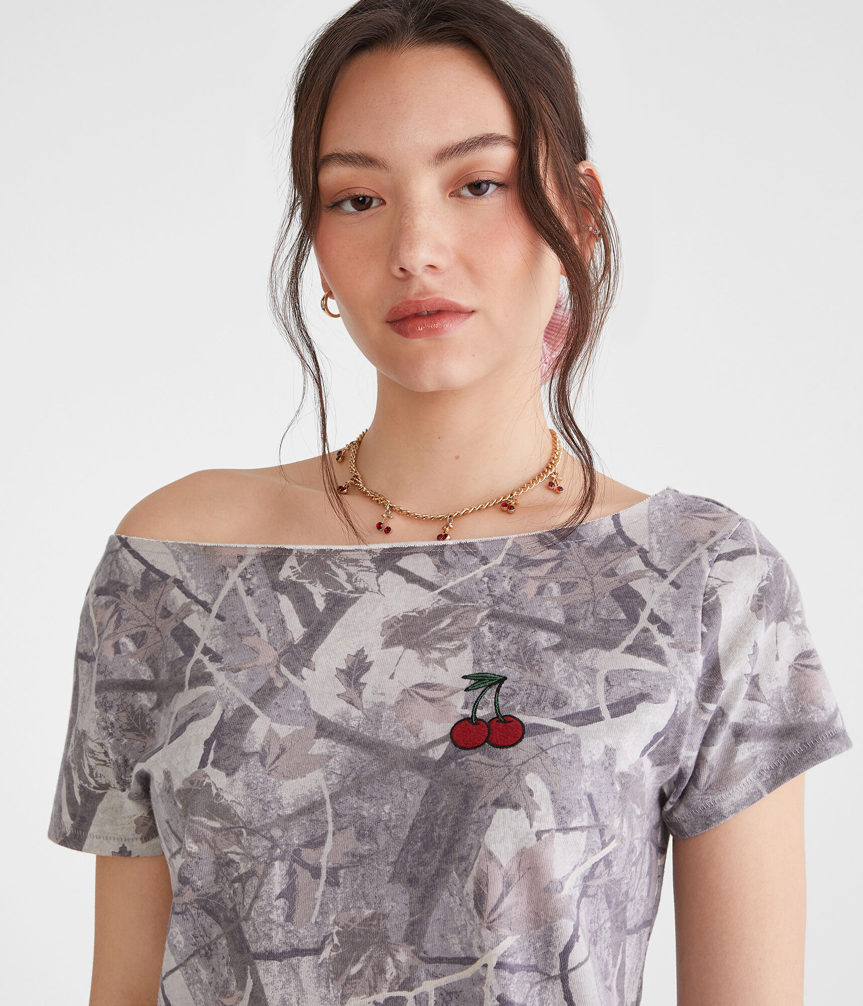 Seriously Soft Camo Cherry Off-The-Shoulder Vintage Fit Graphic Tee