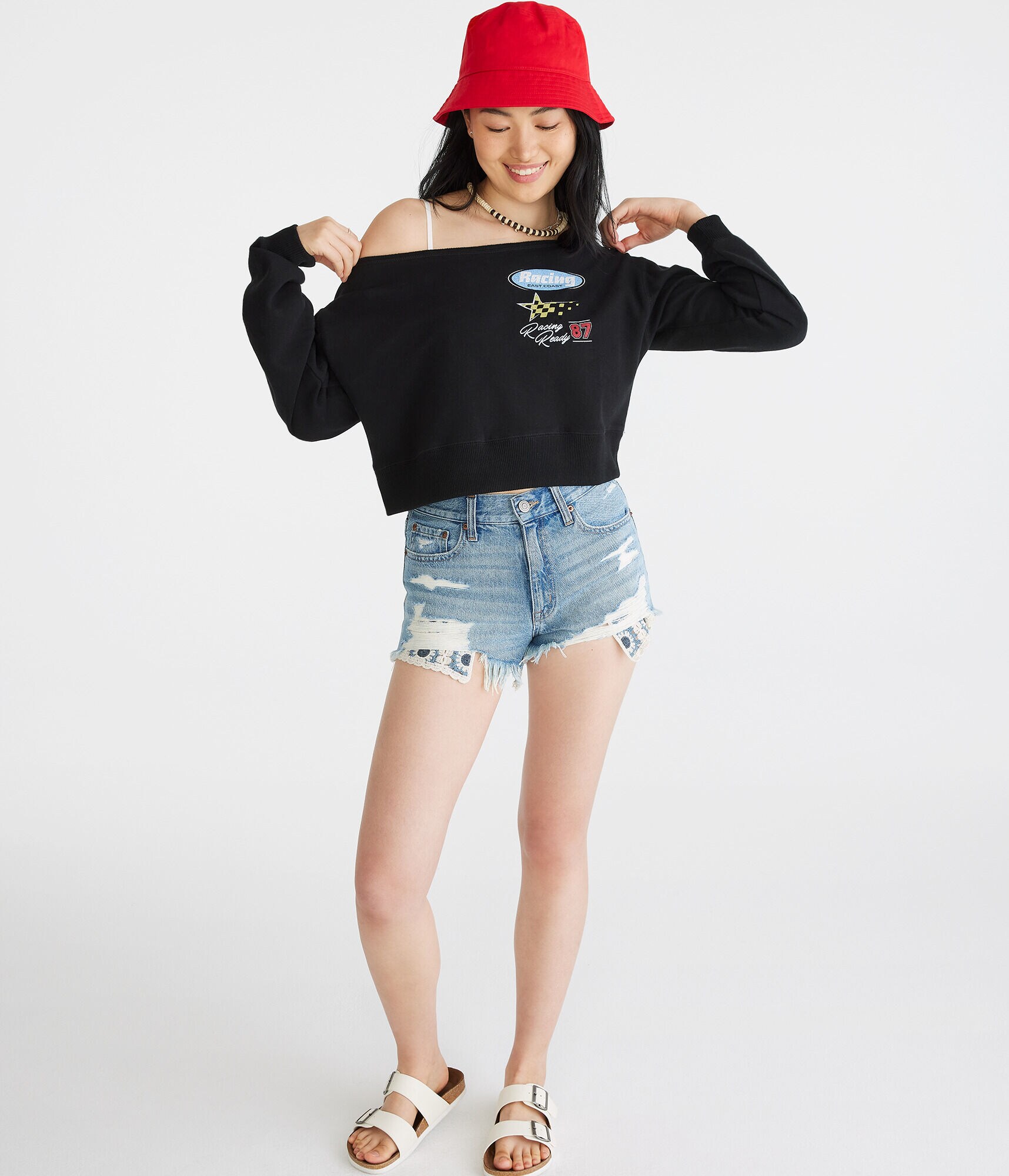 East Coast Racing Cropped Off-The-Shoulder Sweatshirt