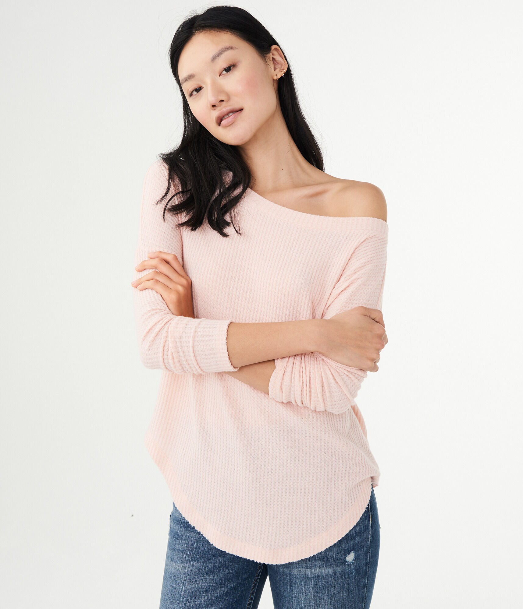 Long Sleeve Seriously Soft Waffle-Knit Boatneck Top