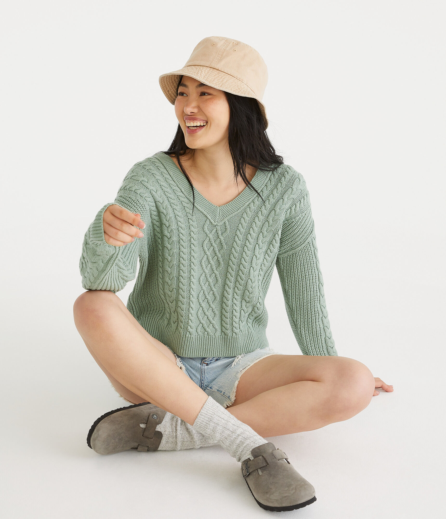 Slouchy Cable V-Neck Sweater