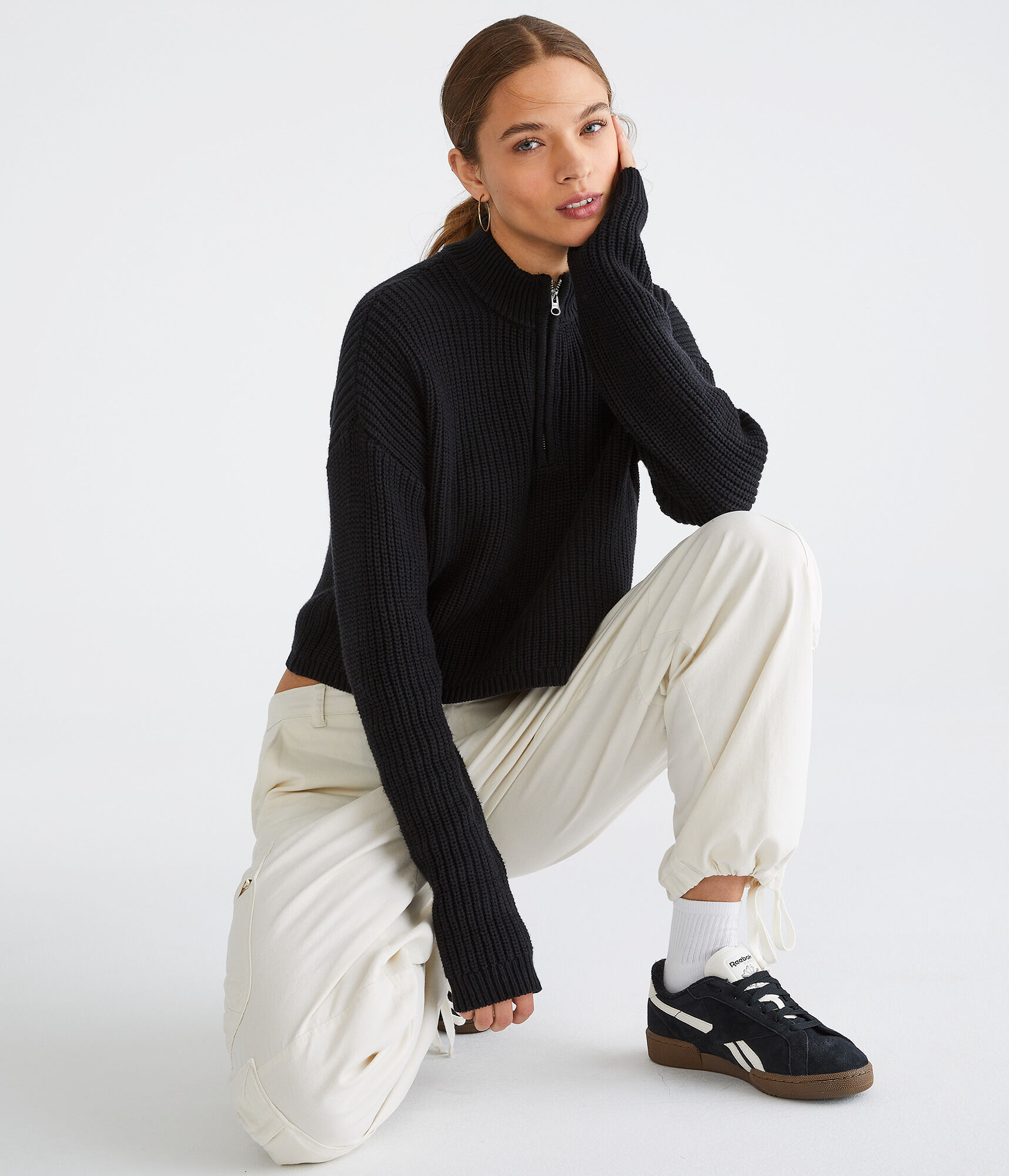 Ribbed 1/2-Zip Mock-Neck Sweater