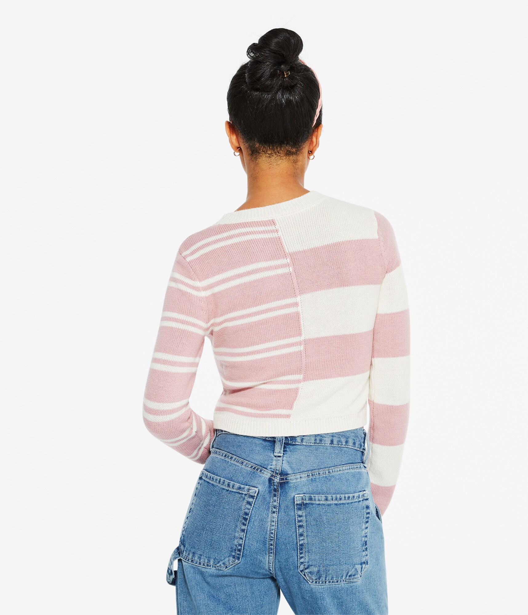 Spliced Stripe Cropped Crew Sweater