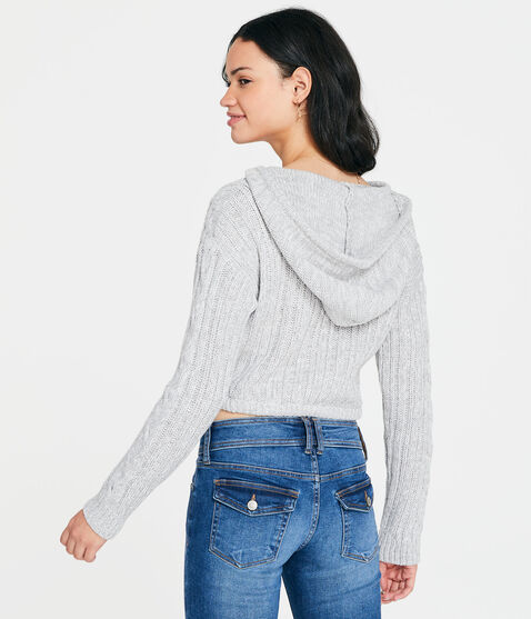 Hooded Cable-Knit Cropped Sweater