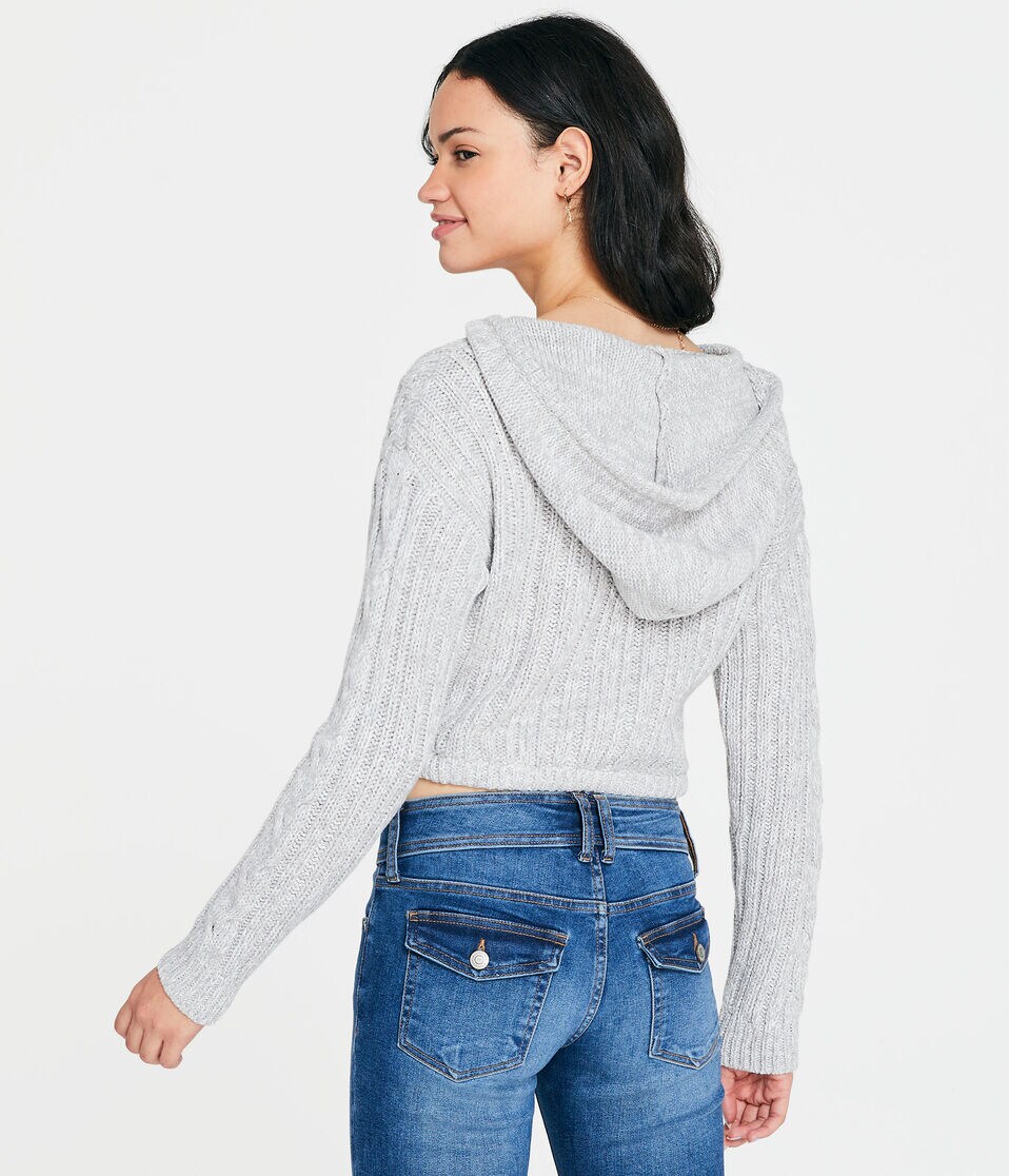 Hooded Cable-Knit Cropped Sweater
