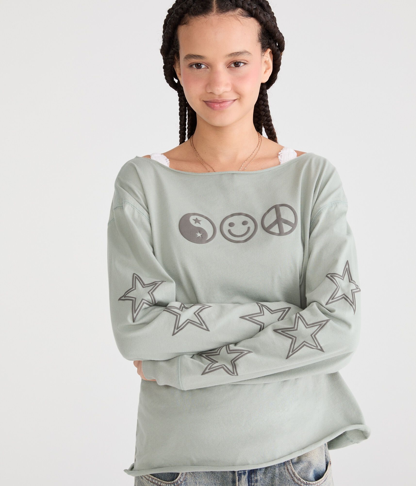 Long Sleeve Peace Sign Off-The-Shoulder Vintage Fit Graphic Tee