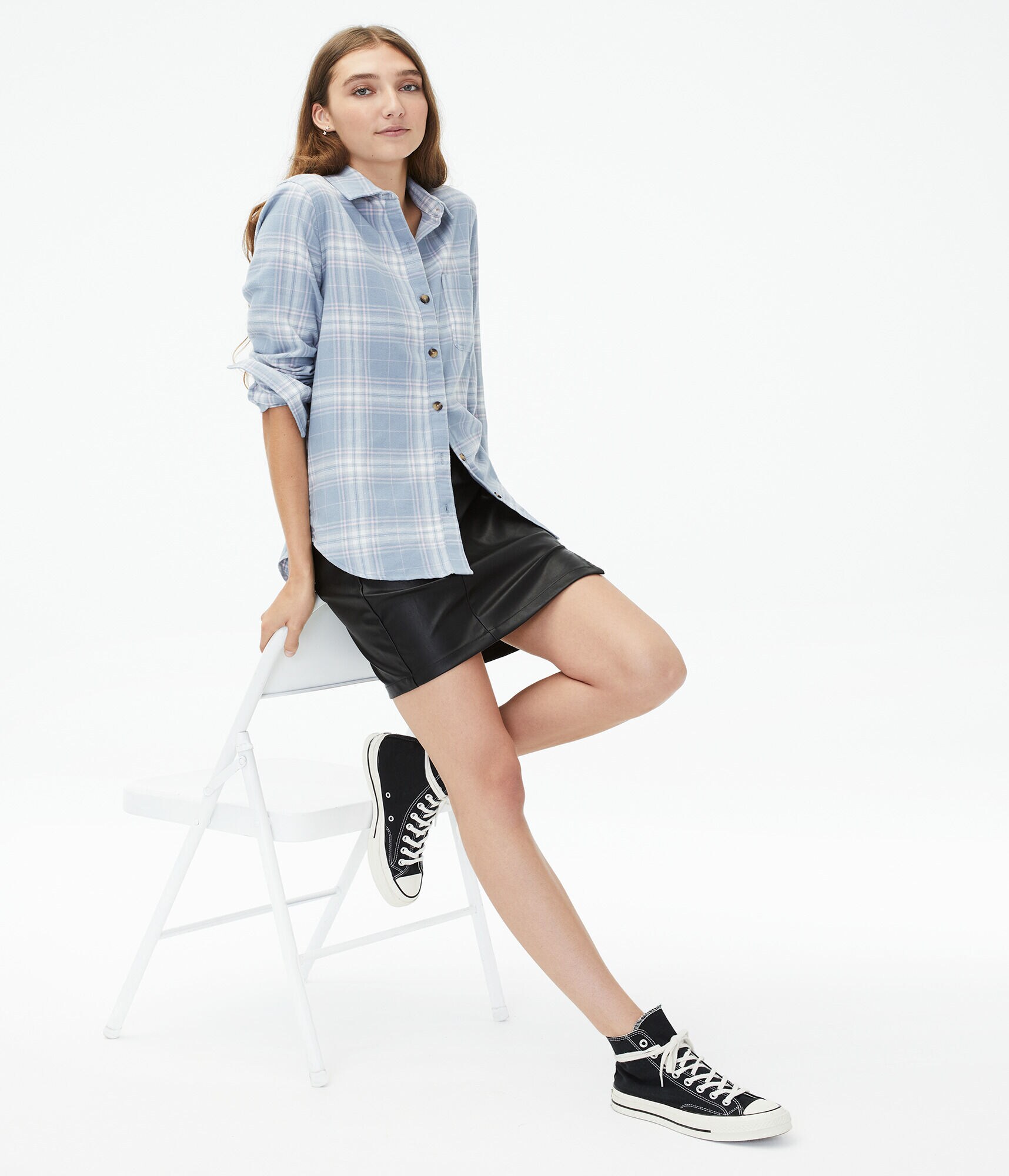 Long Sleeve Plaid Flannel Boyfriend Button-Down Shirt