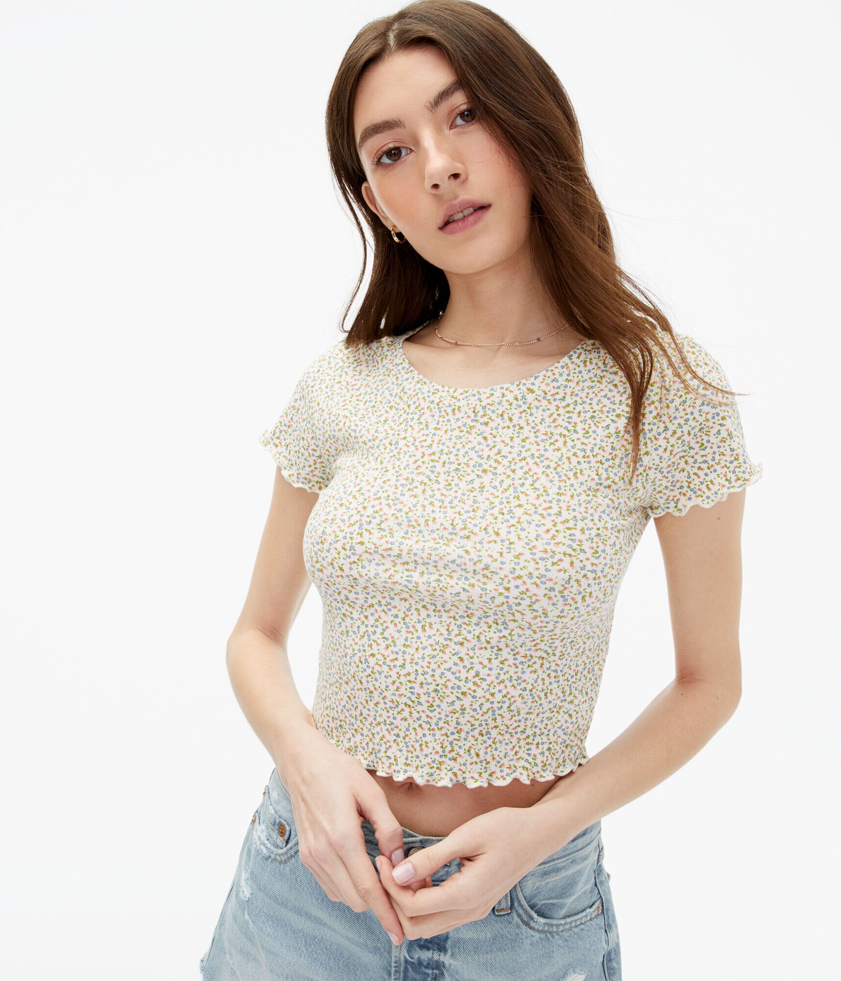 Floral Ribbed Cropped Shrunken Tee