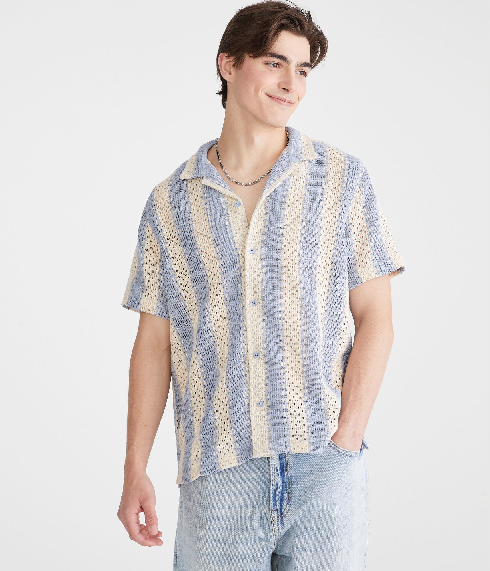 Short Sleeve Crocheted Stripe Shirt