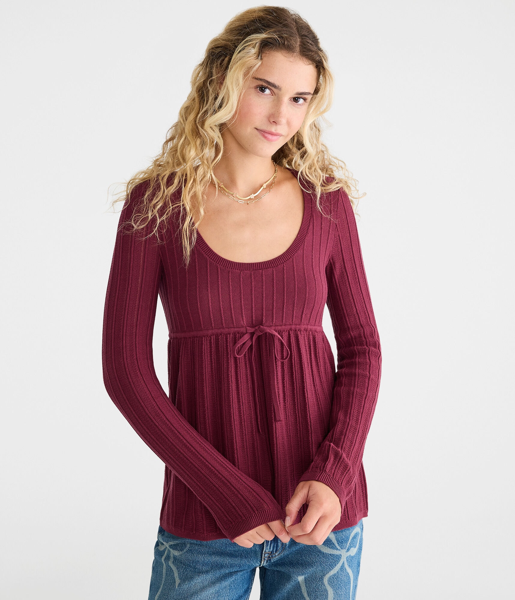 Textured Rib Scoop-Neck Babydoll Sweater