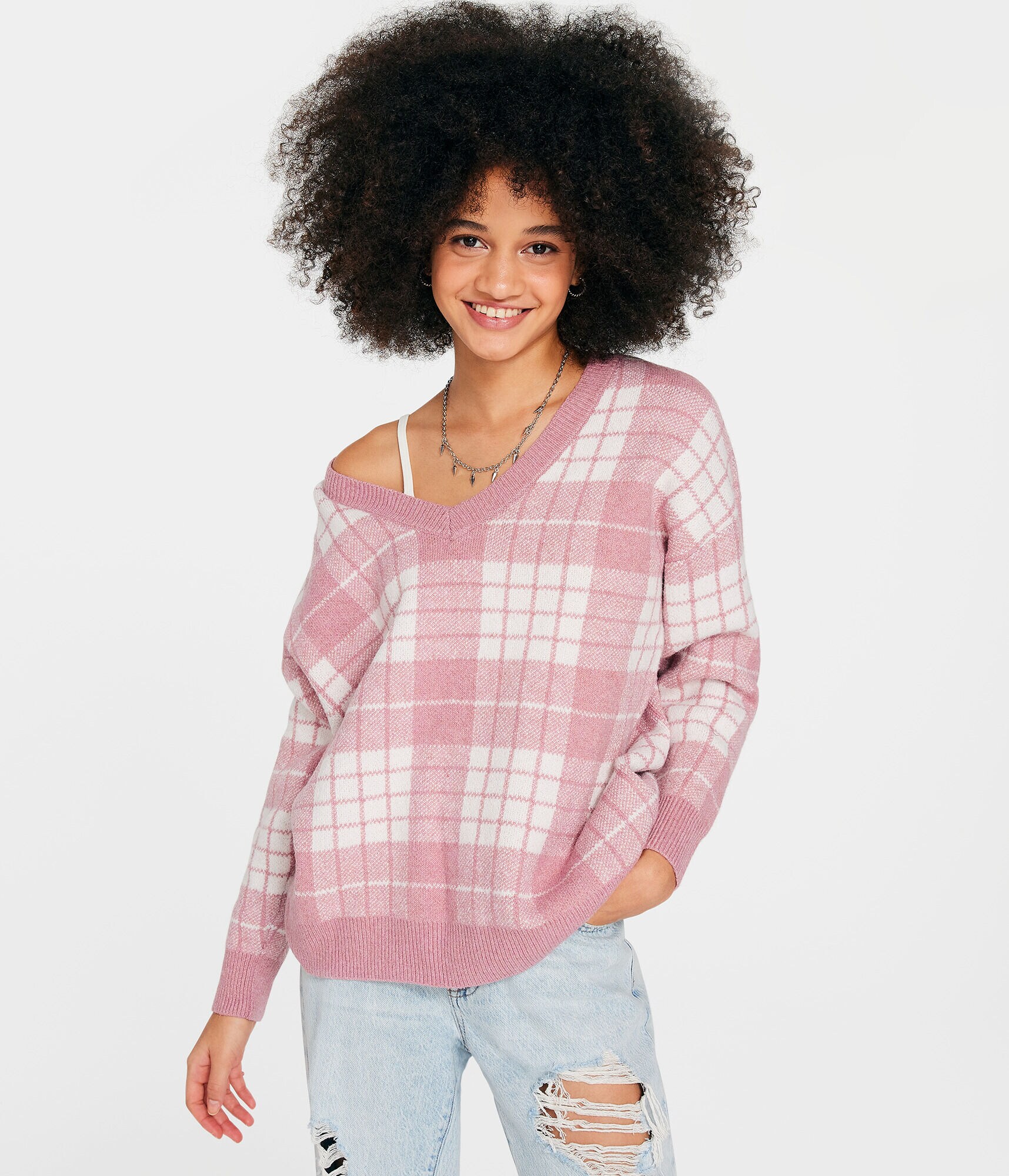 Plaid Oversized V-Neck Sweater