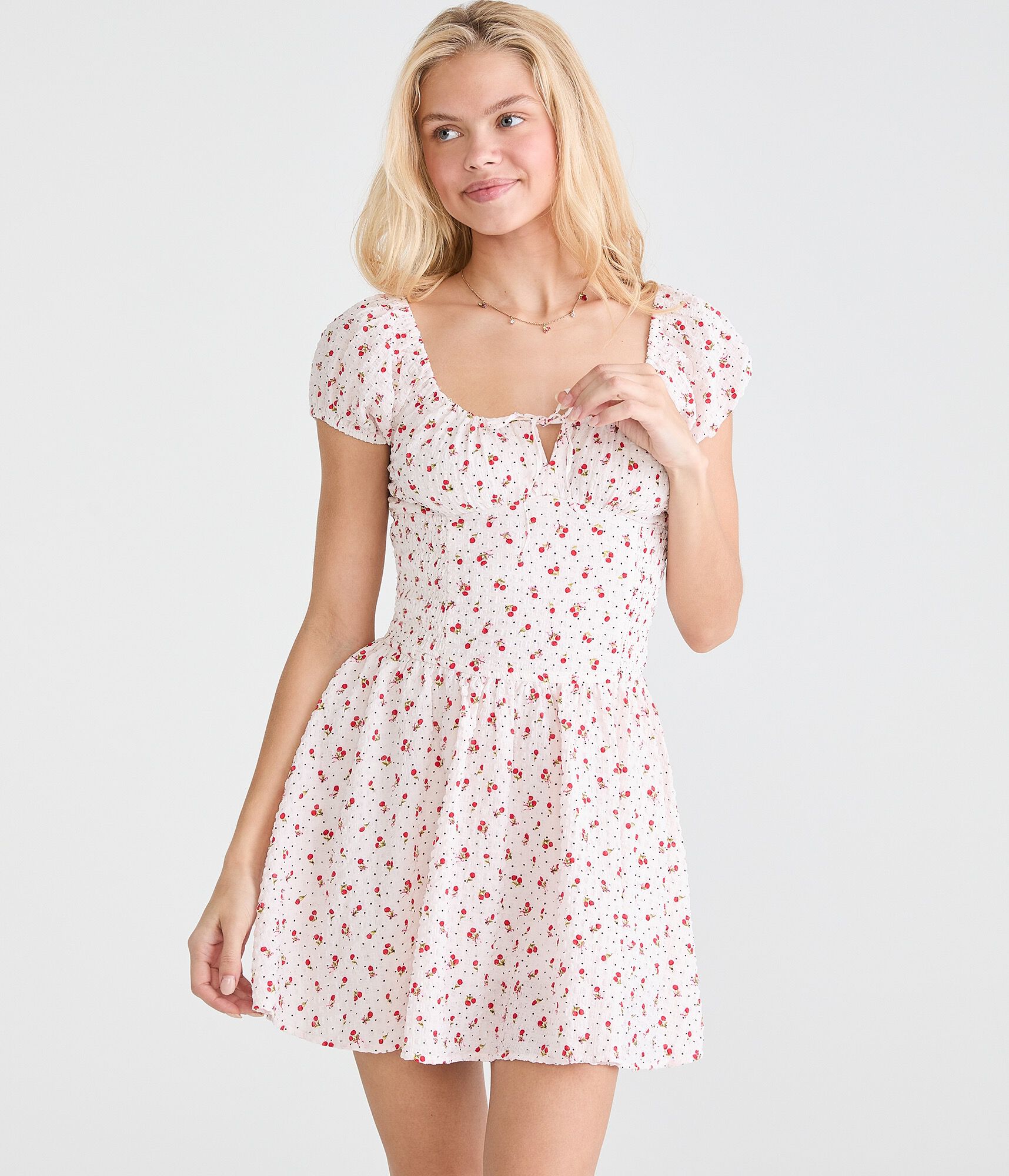 Cherry Square-Neck Drop-Waist Mini Dress