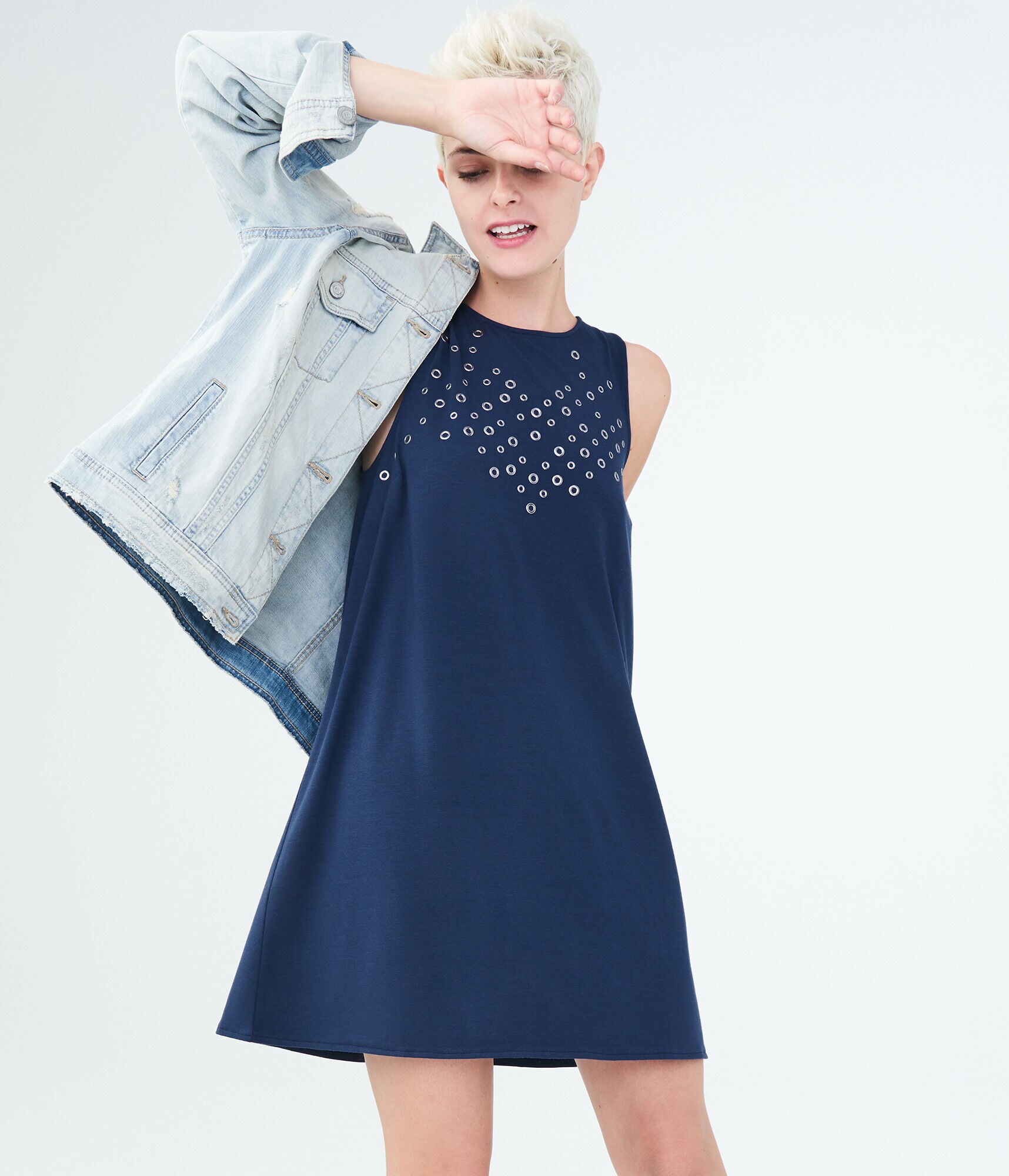 Solid High-Neck Grommet Swing Dress