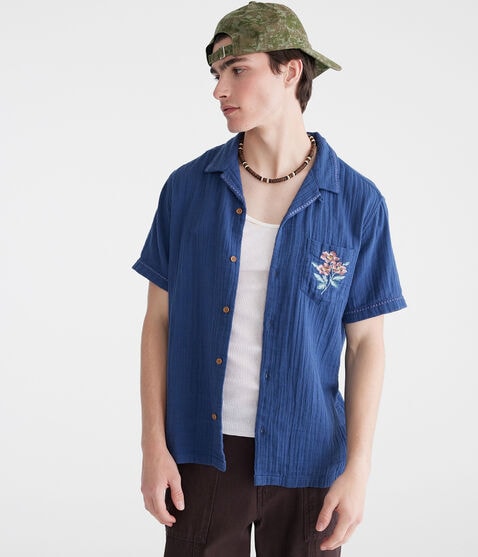 Short Sleeve Stitched Floral Gauze Camp Shirt Short Sleeve Stitched Floral Gauze Camp Shirt