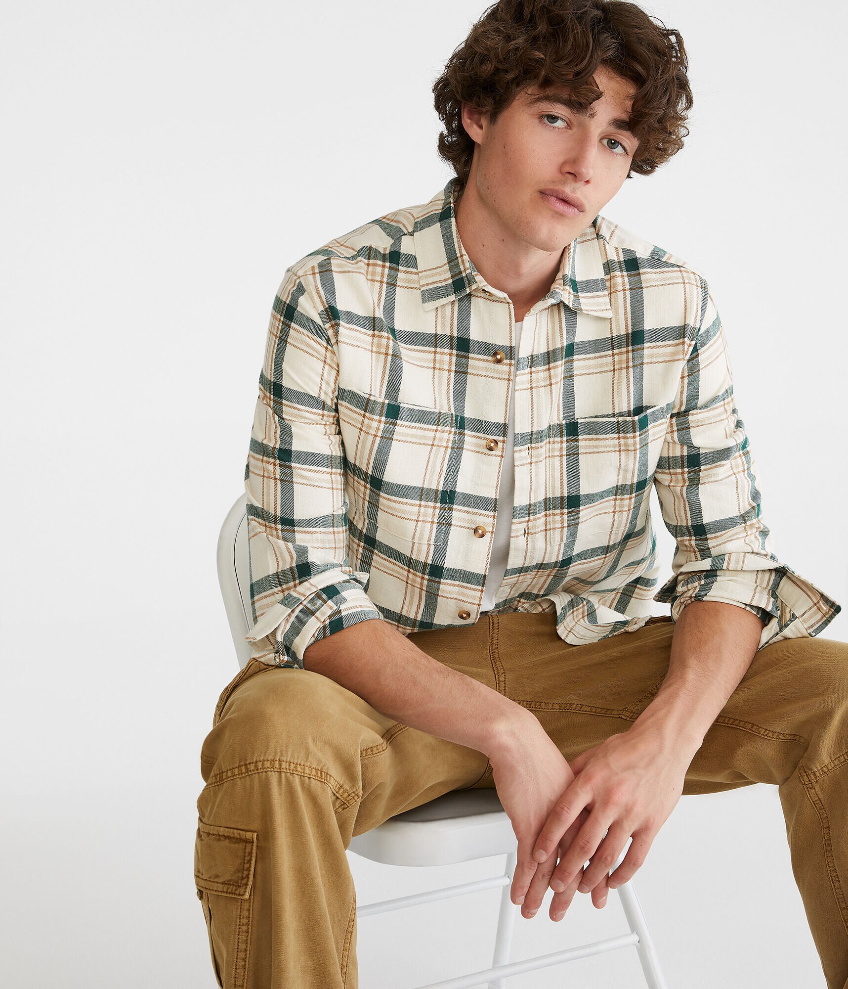 Long Sleeve Relaxed Plaid Slub Flannel Shirt