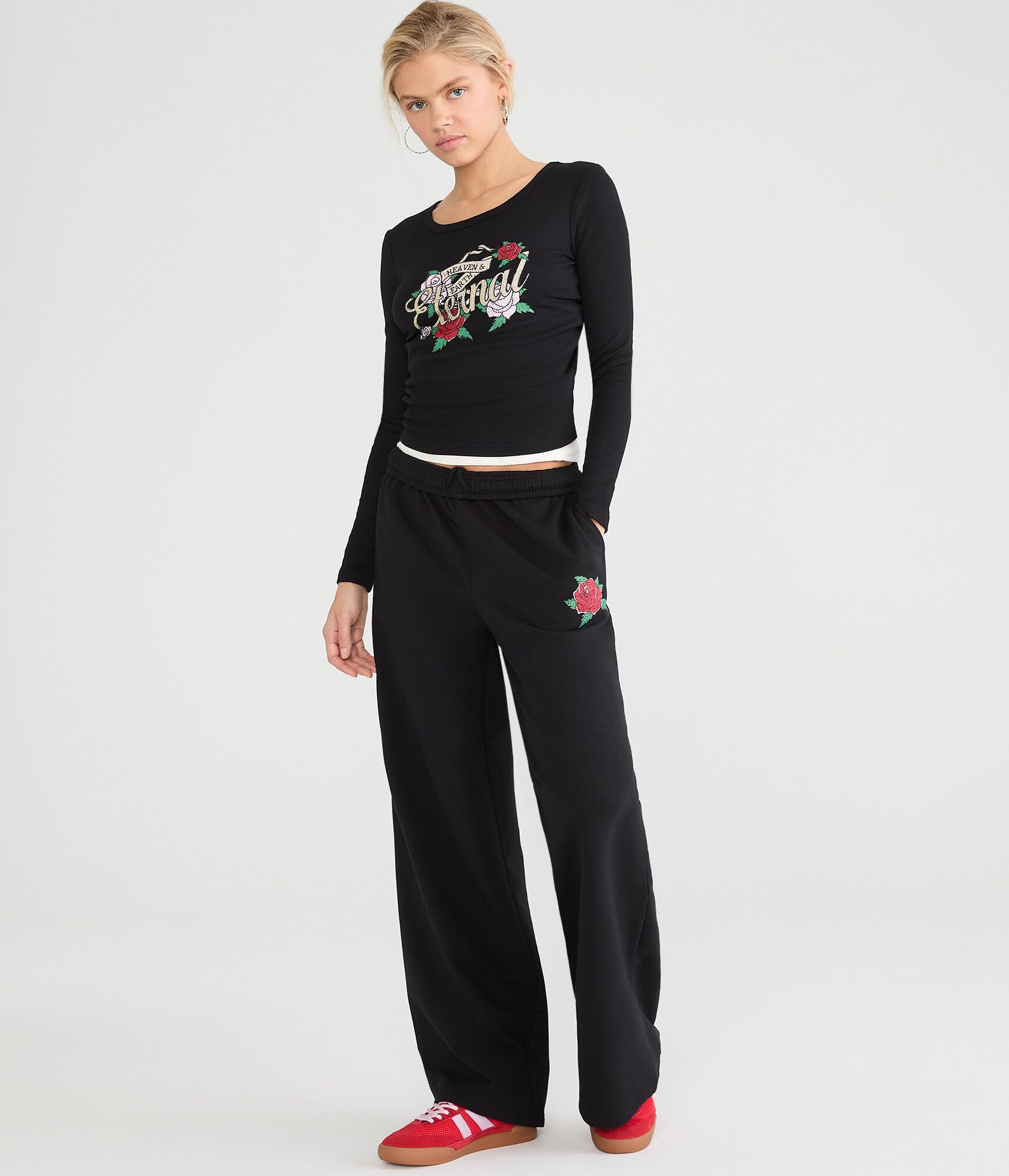 Cloud Soft Tattoo Roses High-Rise Wide Leg Sweatpants