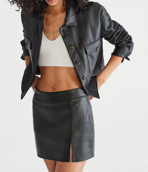 Faux Leather Notched Mini Skirt Faux Leather Notched Mini Skirt