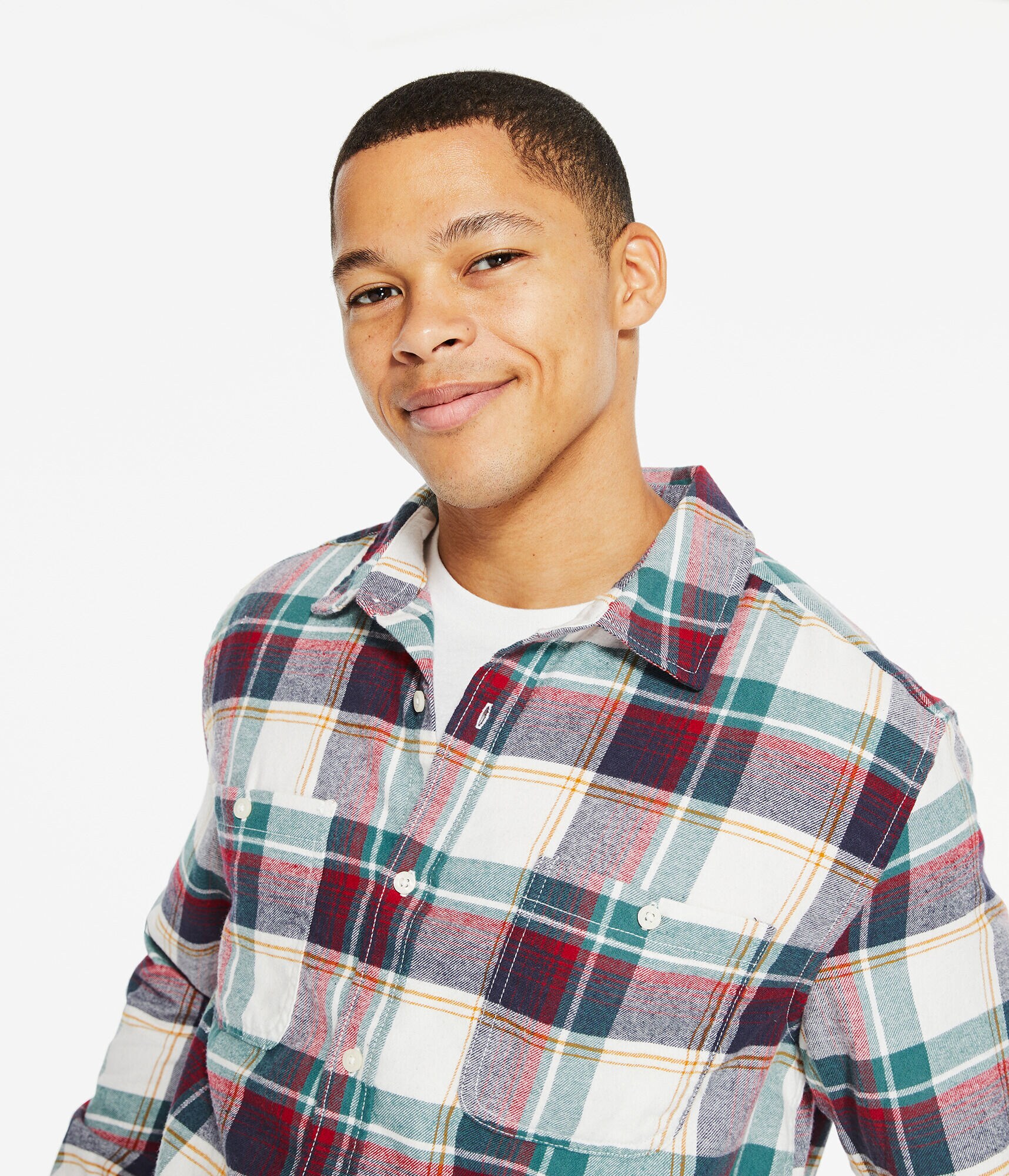 Long Sleeve Relaxed Washed Plaid Flannel Button-Down Shirt