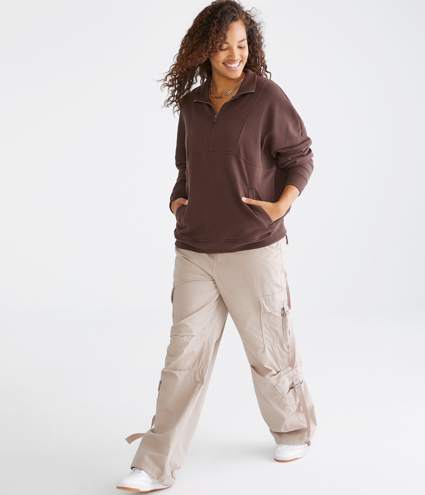 Ribbed Mock-Neck Pullover Sweatshirt