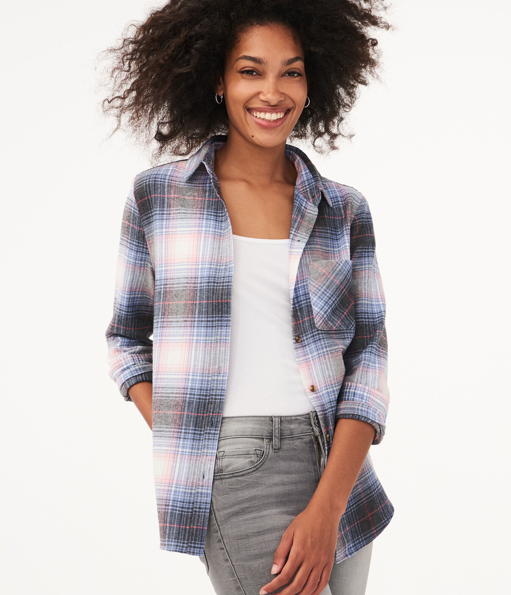Long Sleeve Plaid Boyfriend Button-Down Shirt