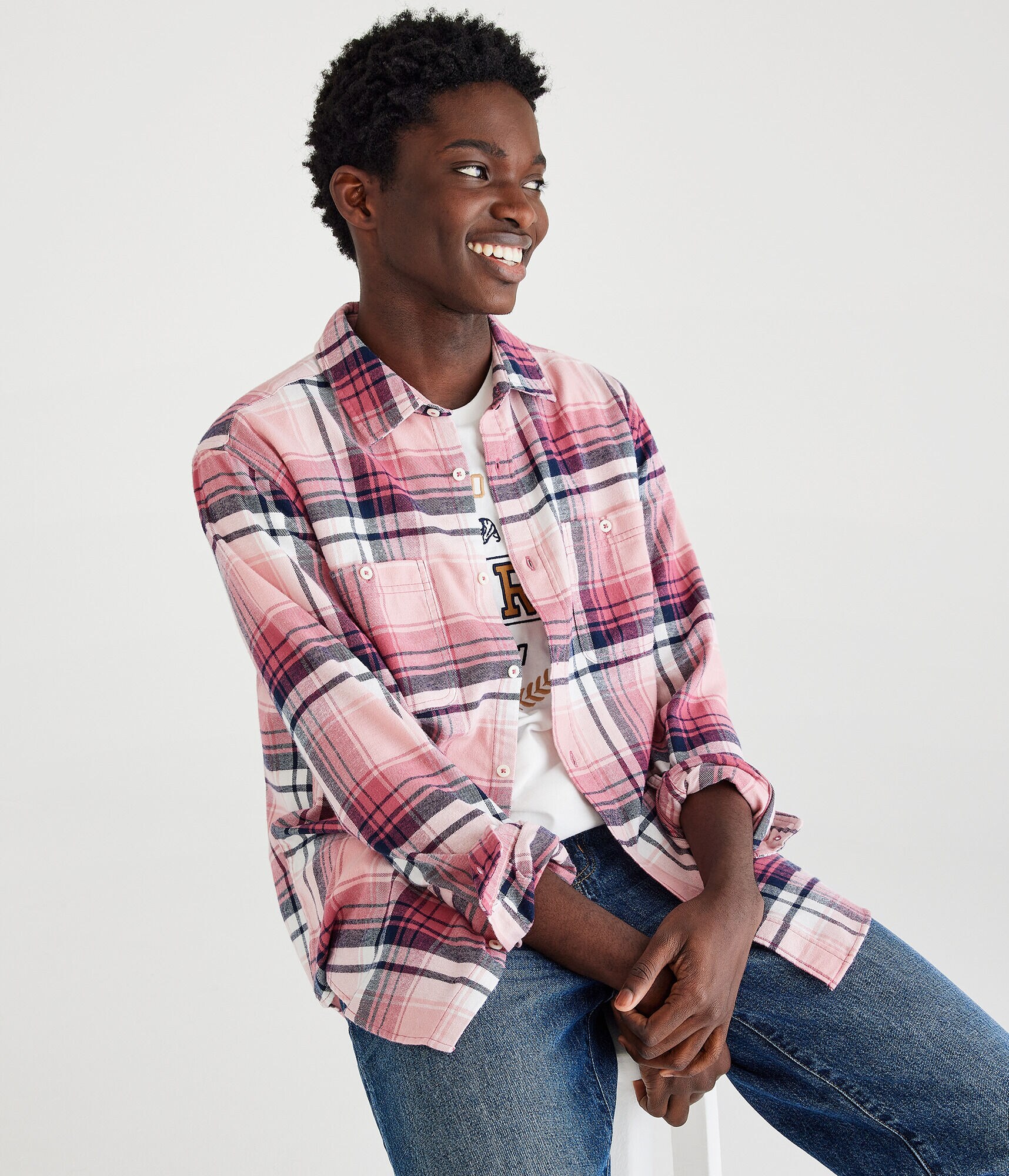Long Sleeve Relaxed Washed Plaid Flannel Shirt