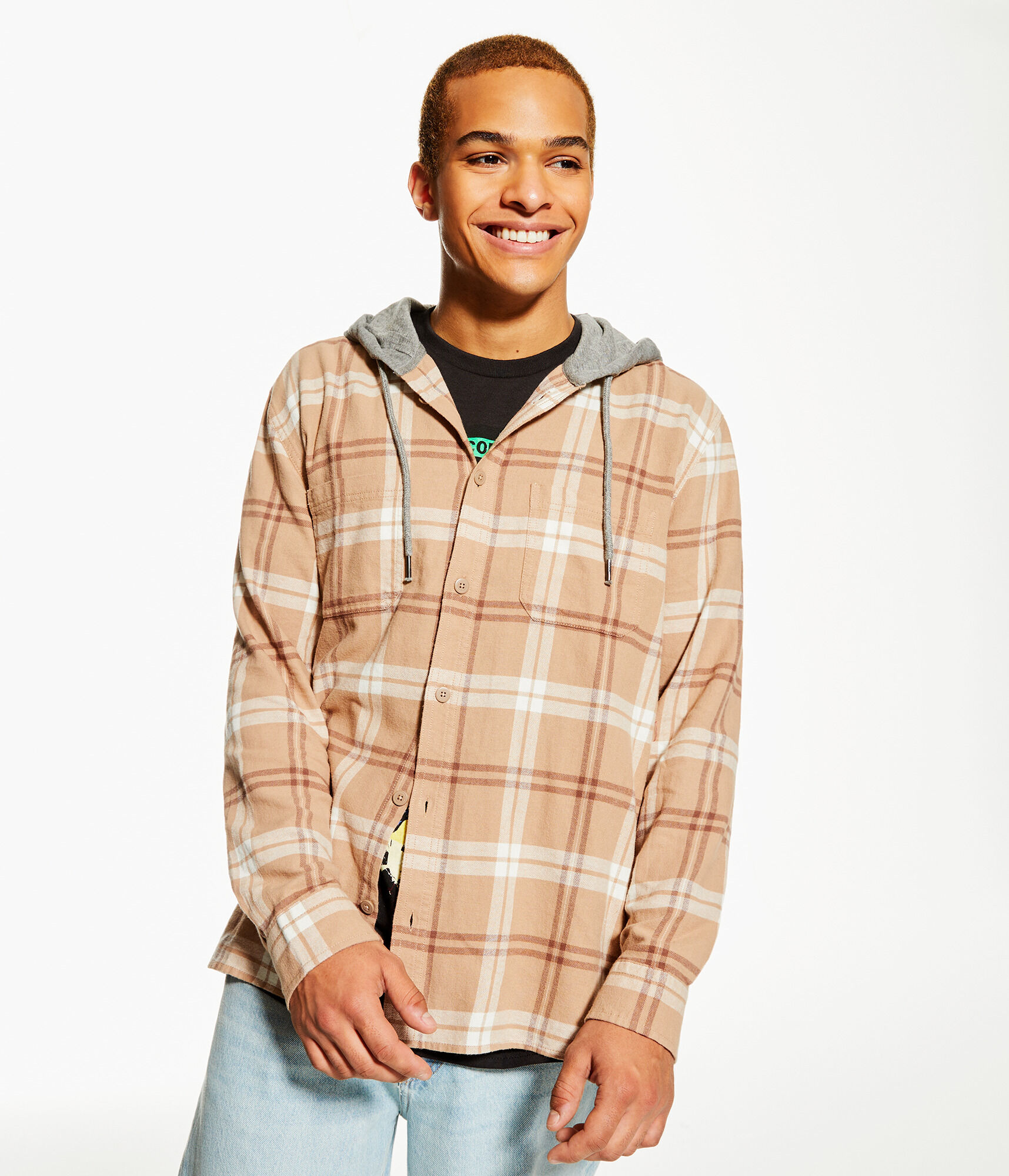 Long Sleeve Plaid Flannel Hooded Button-Down Shirt