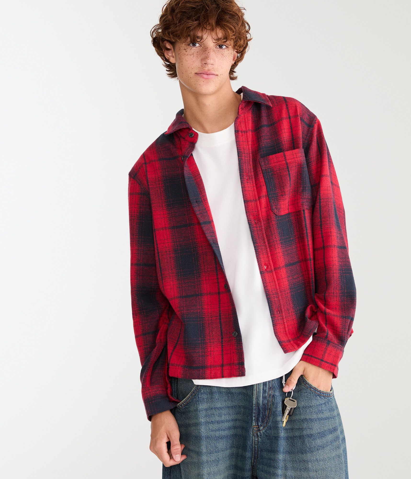 Long Sleeve Plaid Boxy Flannel Shirt