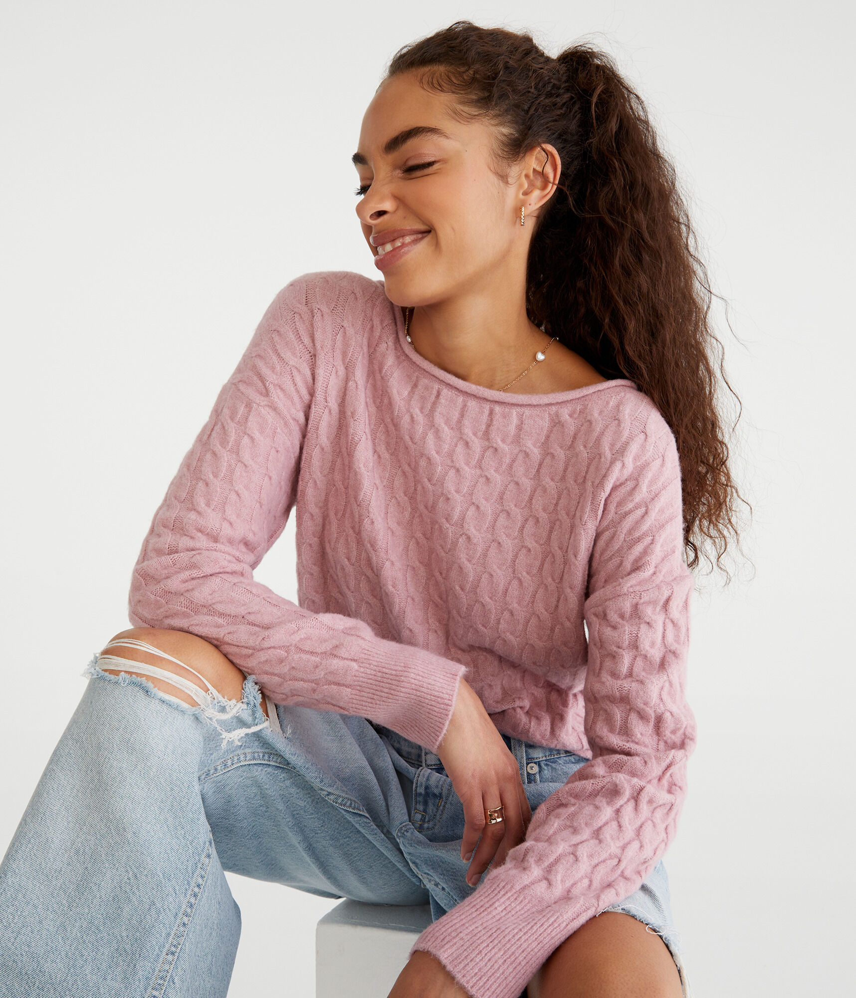 Cable Cropped Boat-Neck Sweater