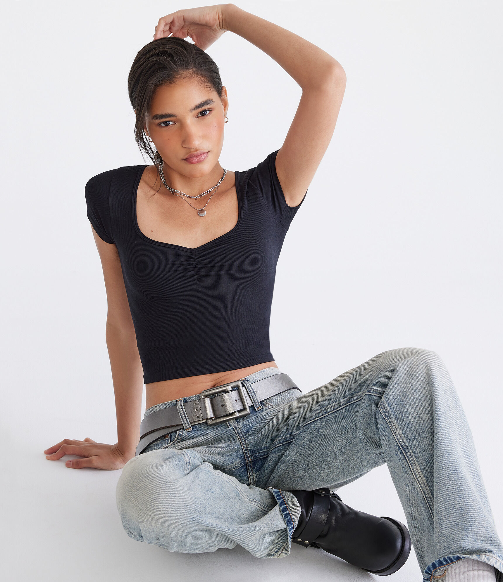Buttery Soft Cropped Cinch-Front Tee