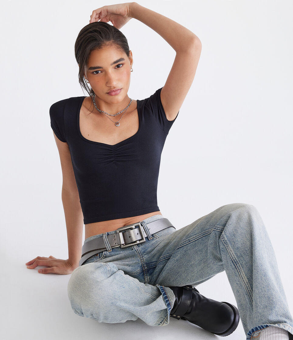 Buttery Soft Cropped Cinch-Front Tee