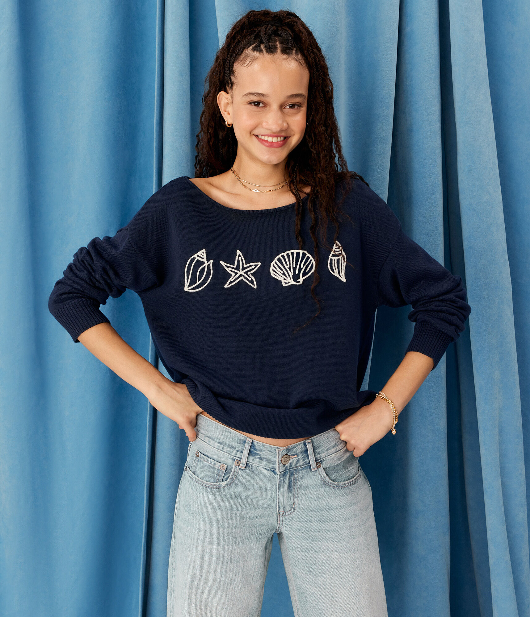 Demetra for Aero Seashells Slash-Neck Sweater
