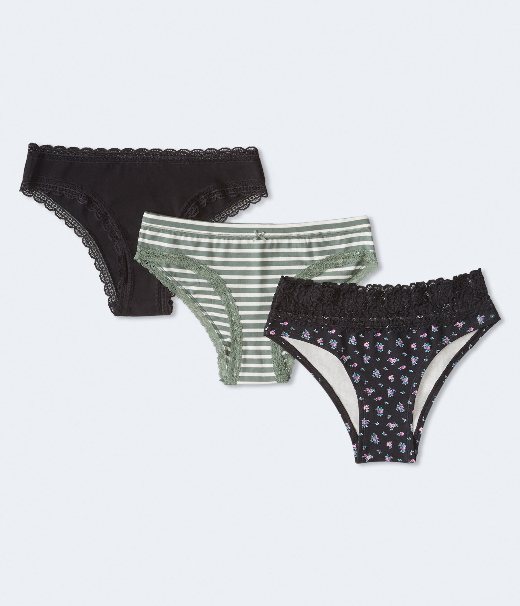 Printed &amp; Solid Lace-Trimmed Cheeky 3-Pack
