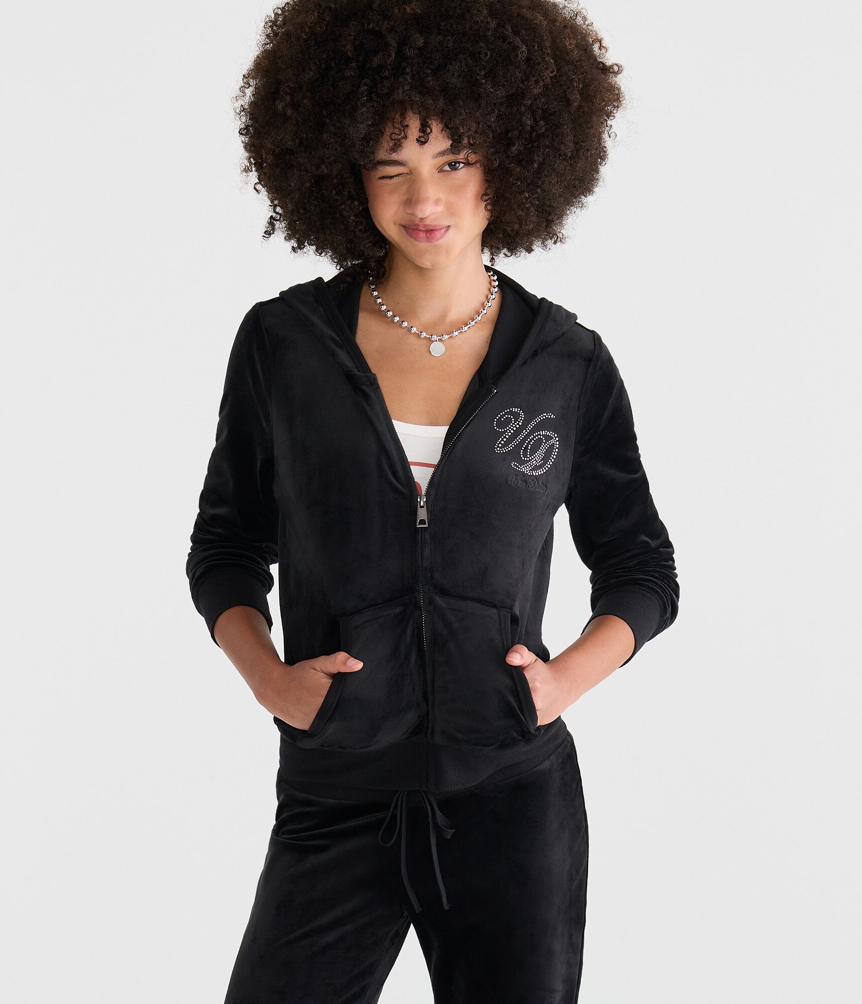 Von Dutch Rhinestone Logo Velour Full-Zip Hoodie