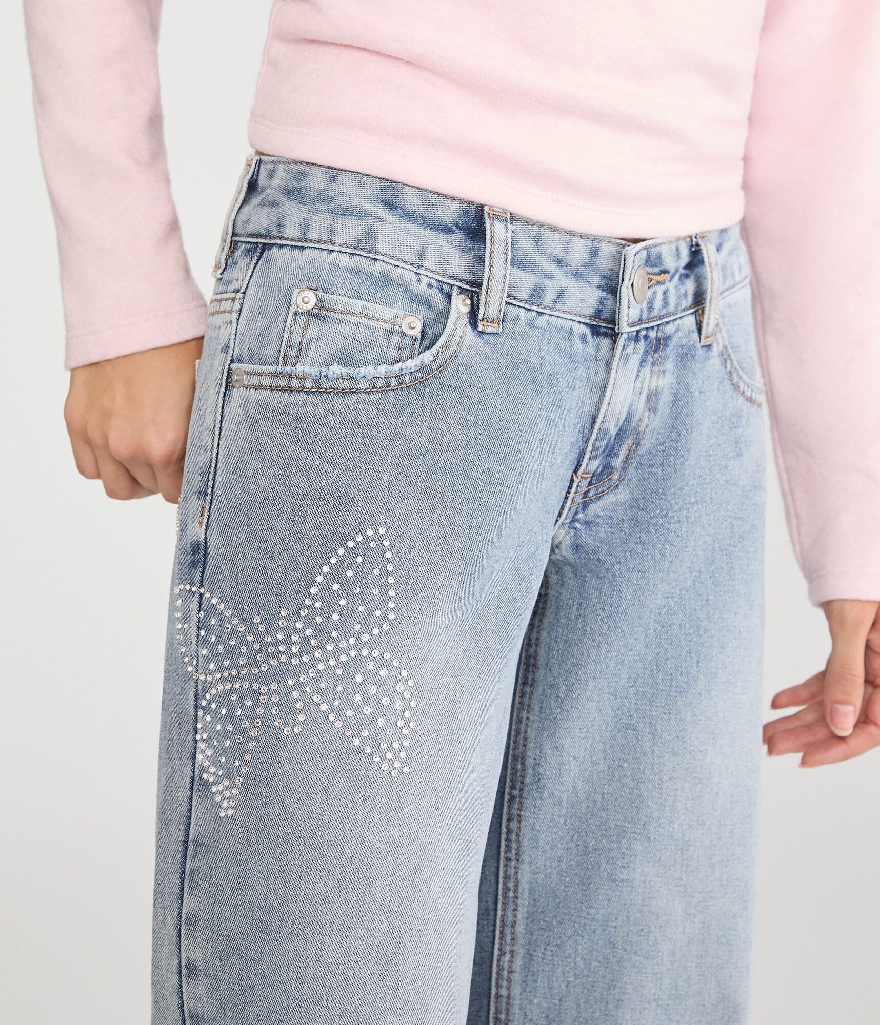 Super Low-Rise Baggy Wide Leg Rhinestone Butterfly Jean