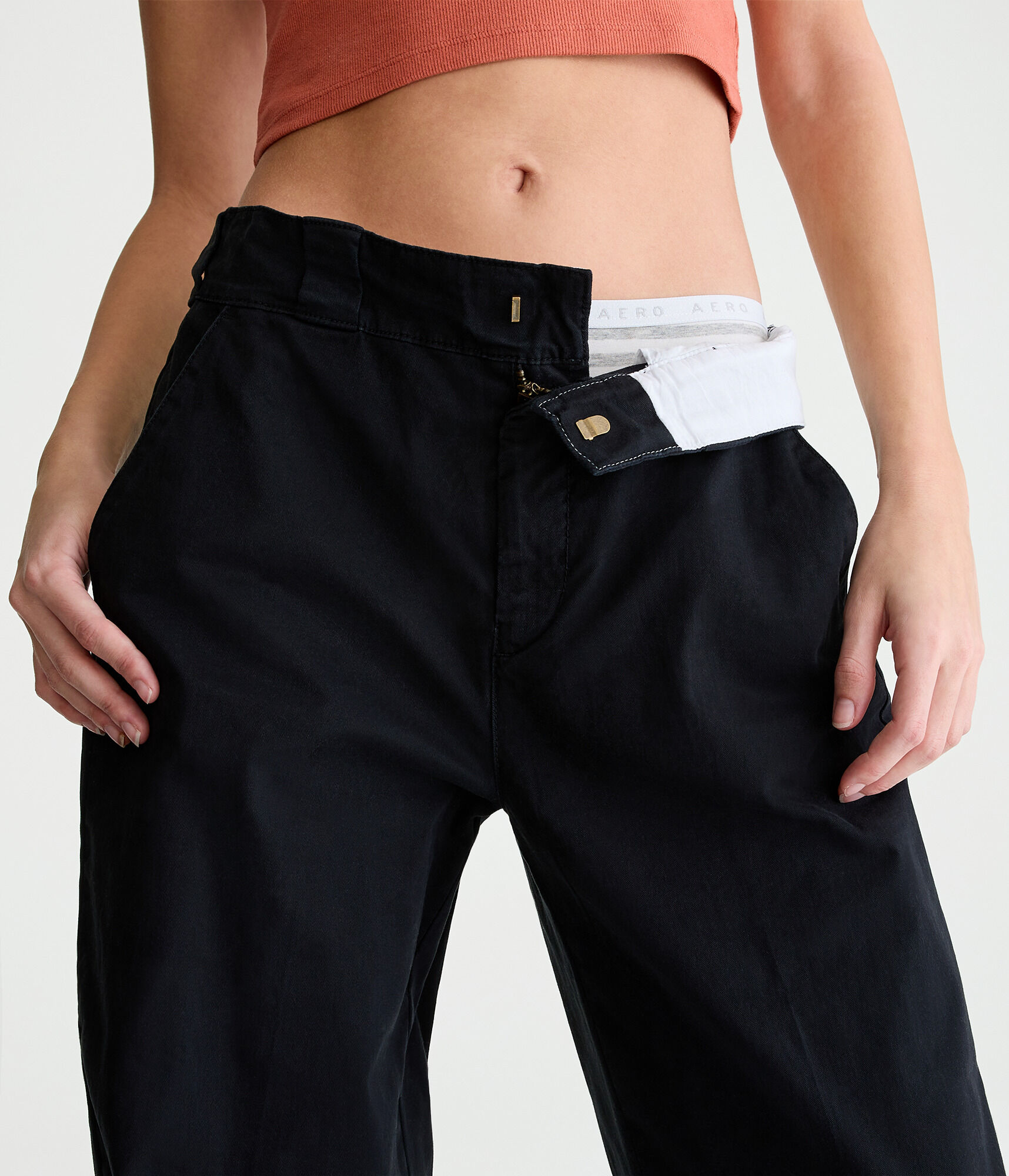 Fold-Over Waistband Straight Stretch Twill Pants