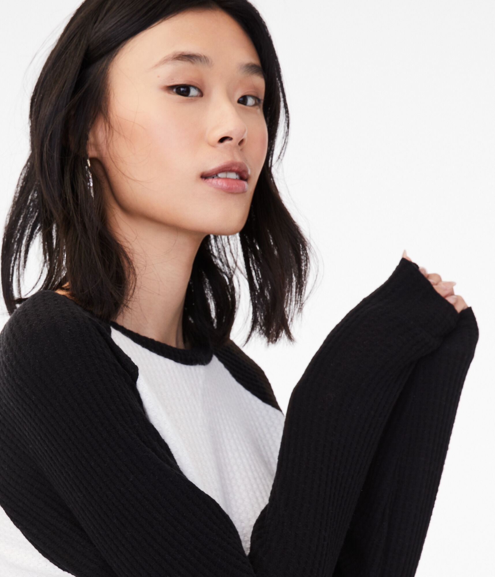 Long Sleeve Waffle-Knit Raglan Crew Tee