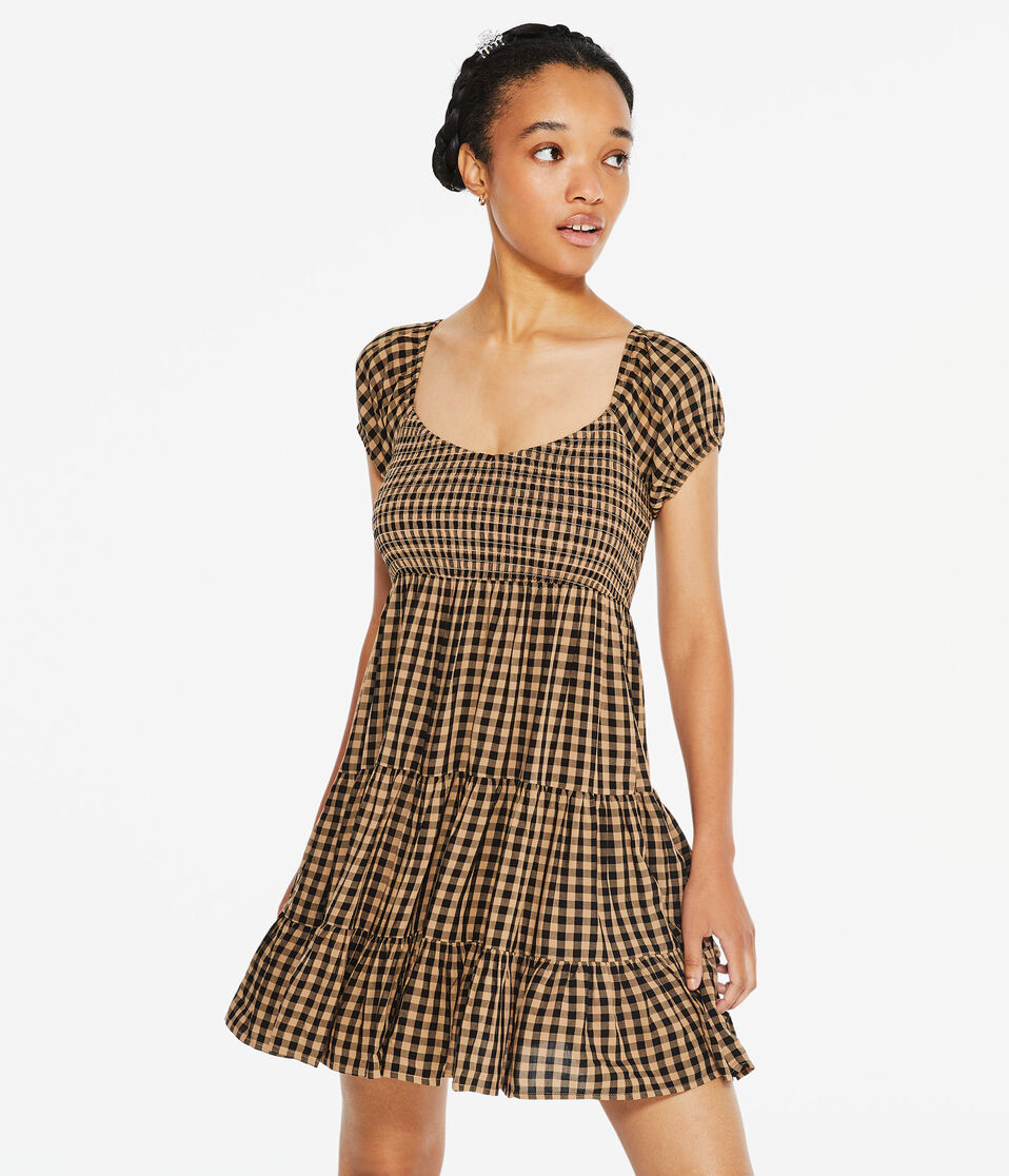 dark brown patterned scoop neck babydoll dress with quarter sleeves Think It Through Mocha Brown Babydoll Dress, Small - The Mint Julep Boutique
