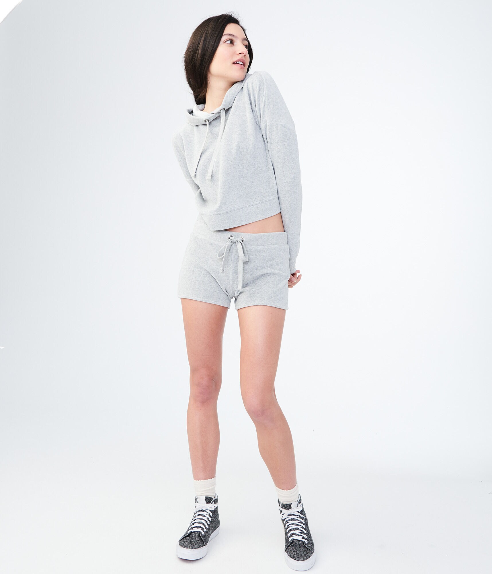 Heathered Velour Crop Pullover Hoodie