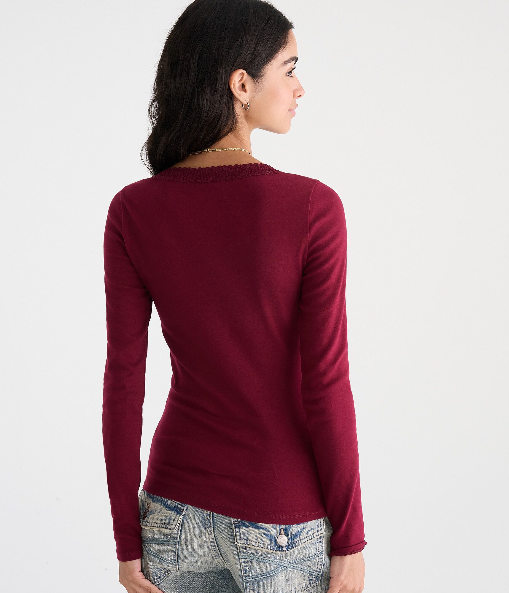 Long Sleeve Seriously Soft Lace-Trim V-Neck Tee
