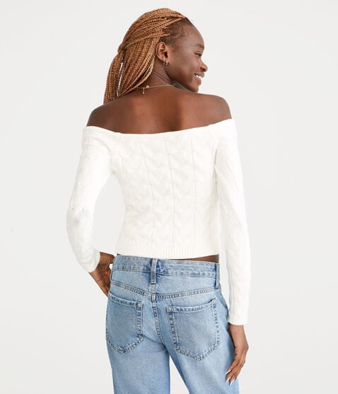 Cable Cropped Off-The-Shoulder Sweater