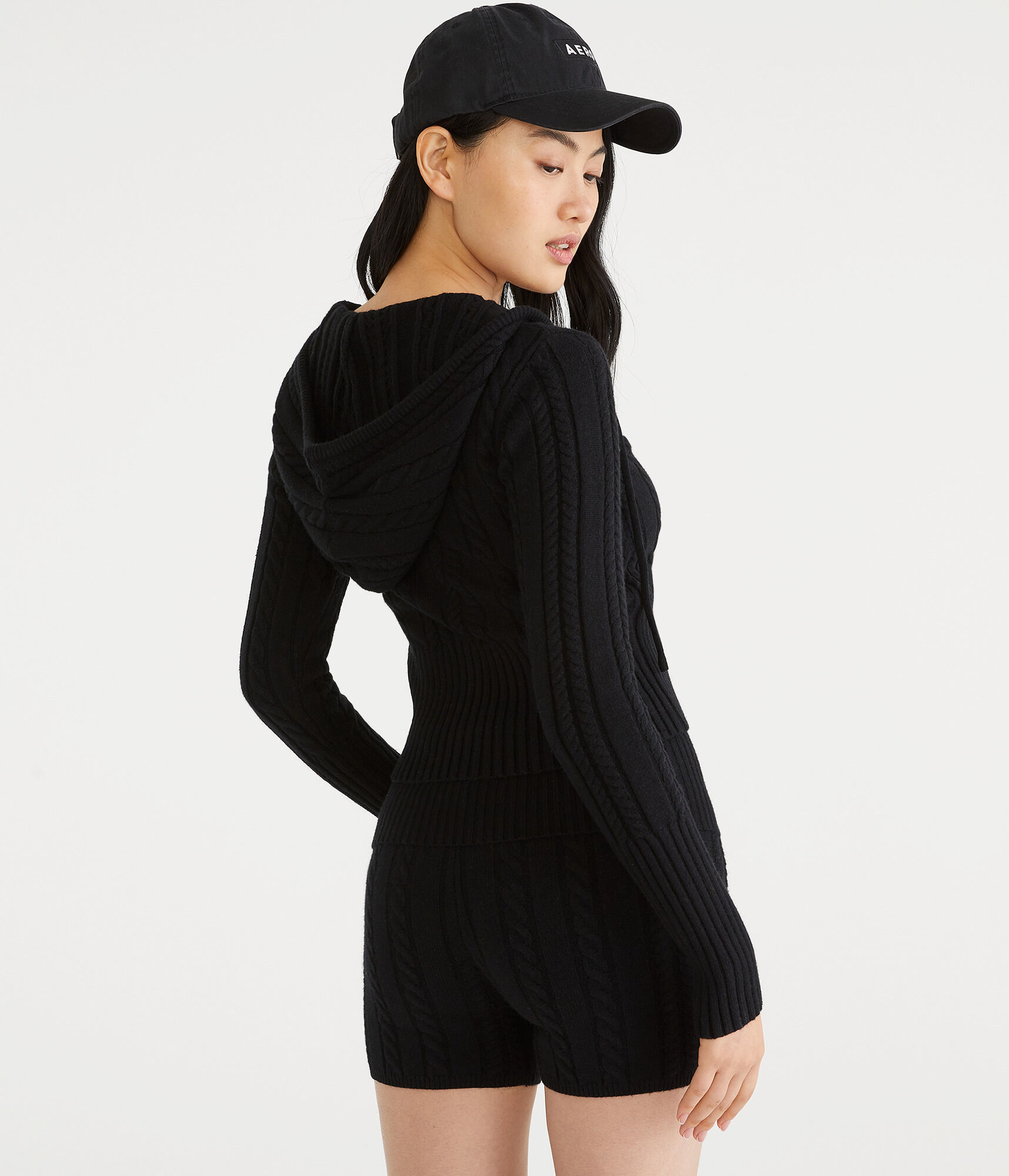 Cable Cropped Full-Zip Hooded Sweater