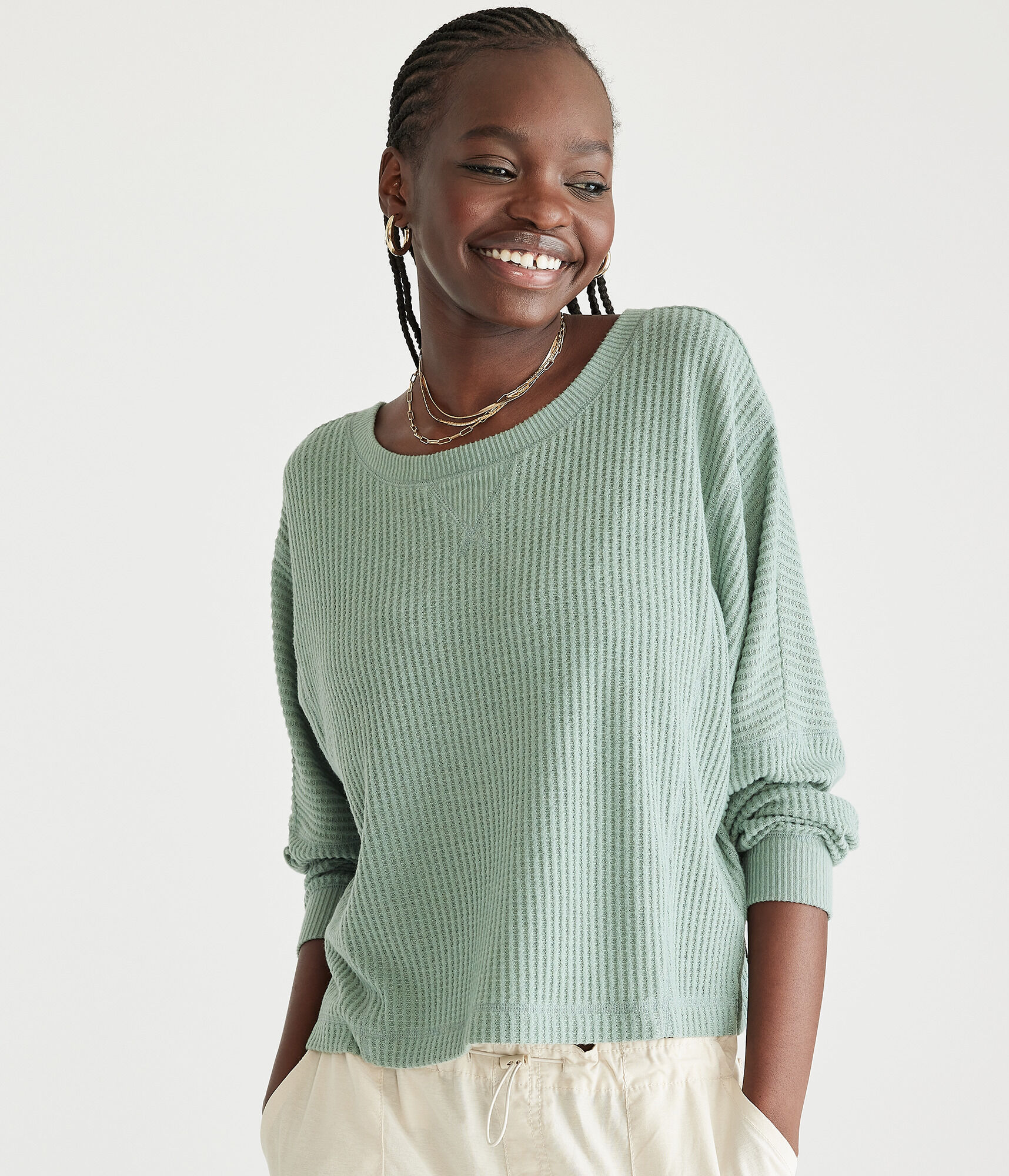 Long Sleeve Wear 2 Ways Cozy Waffle Tee